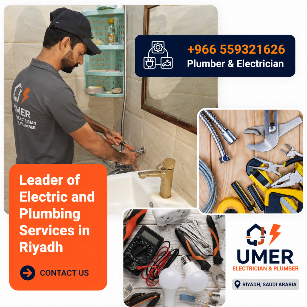 electrician plumber in Riyadh, from repairing bathroom plumbing fixtures and providing professional electrical maintenance services with advanced tools in a residential property.
