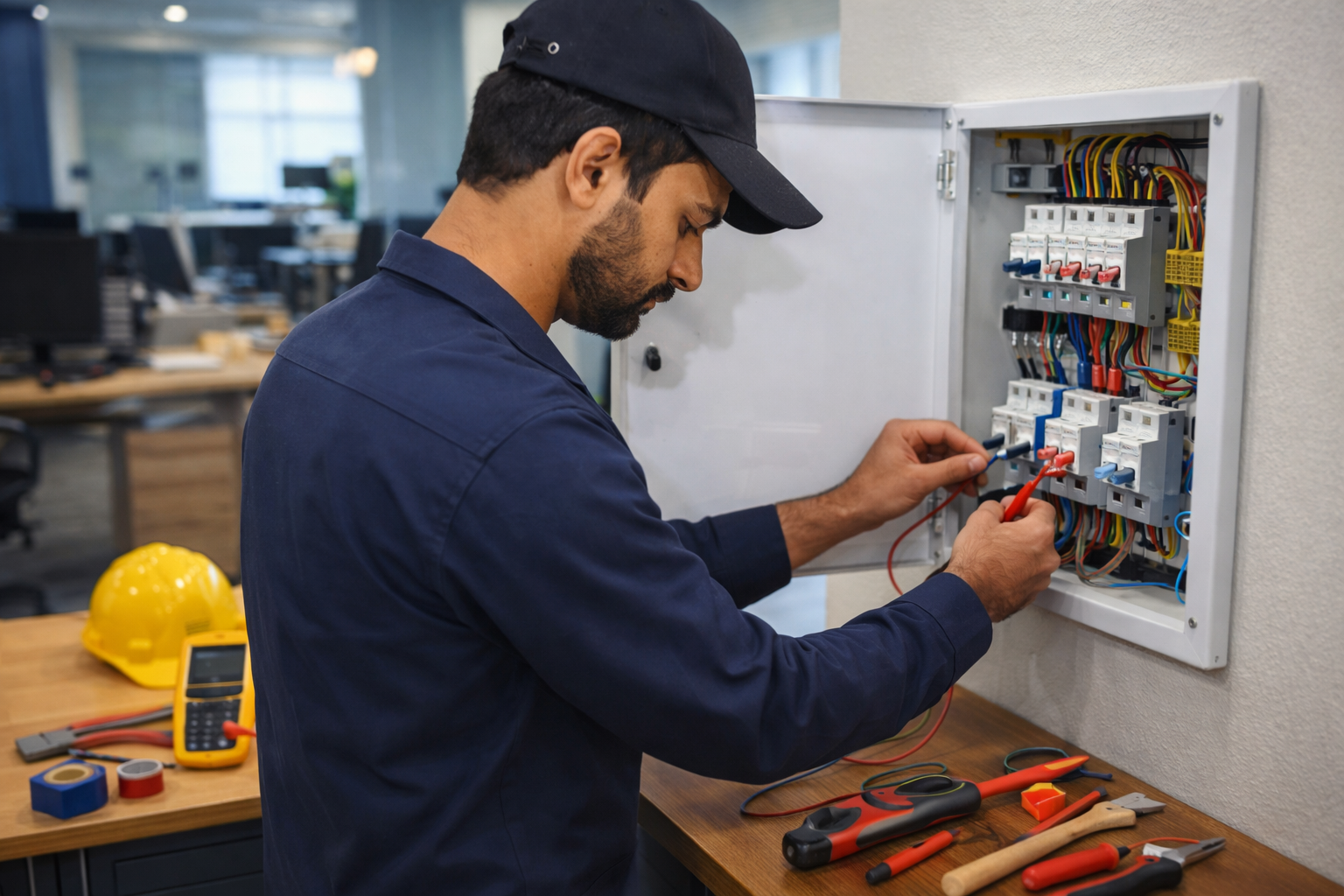 electrician plumber in Riyadhinspecting and repairing an electrical distribution panel using advanced testing equipment, delivering reliable electrical maintenance services by Umer Electrician and Plumber in Riyadh.