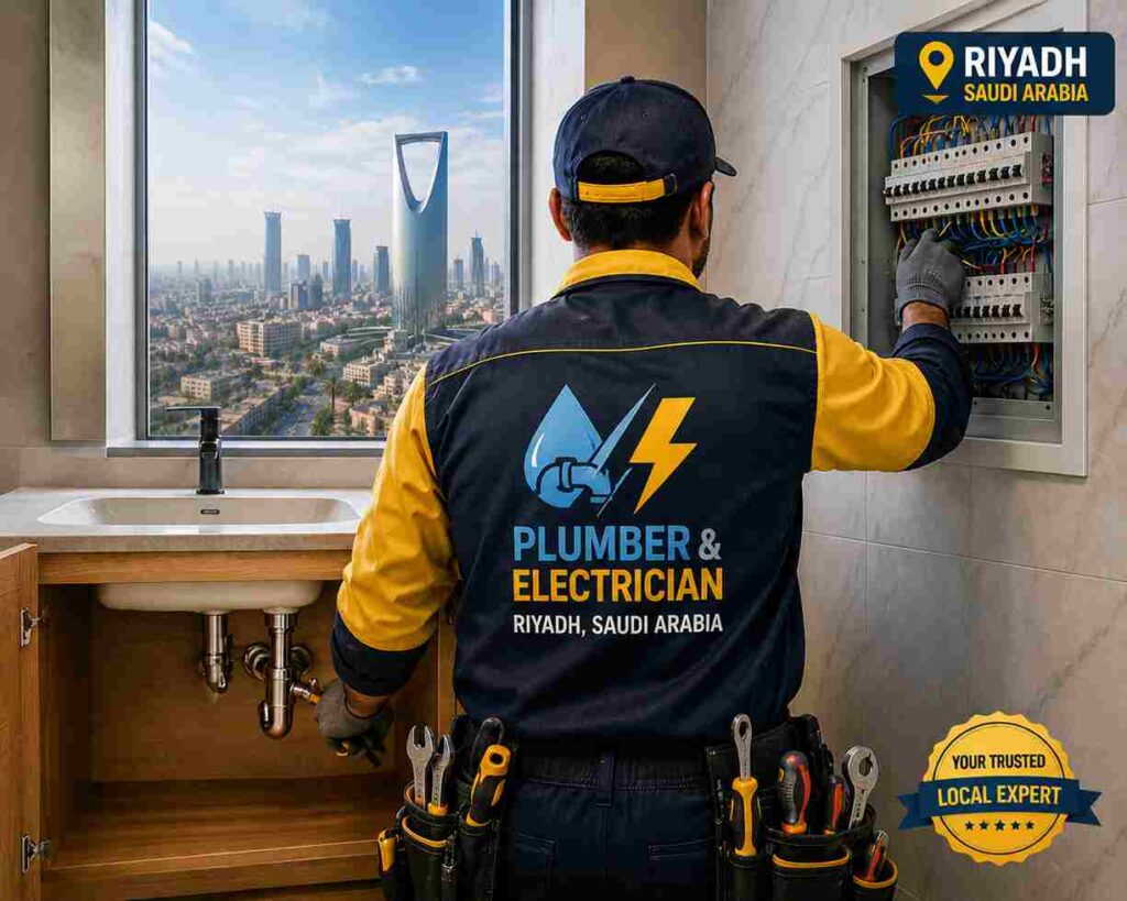 electrician plumber in Riyadh working on electrical panel and plumbing system inside a modern property, showcasing expert maintenance services by Umer Electrician and Plumber in Riyadh.