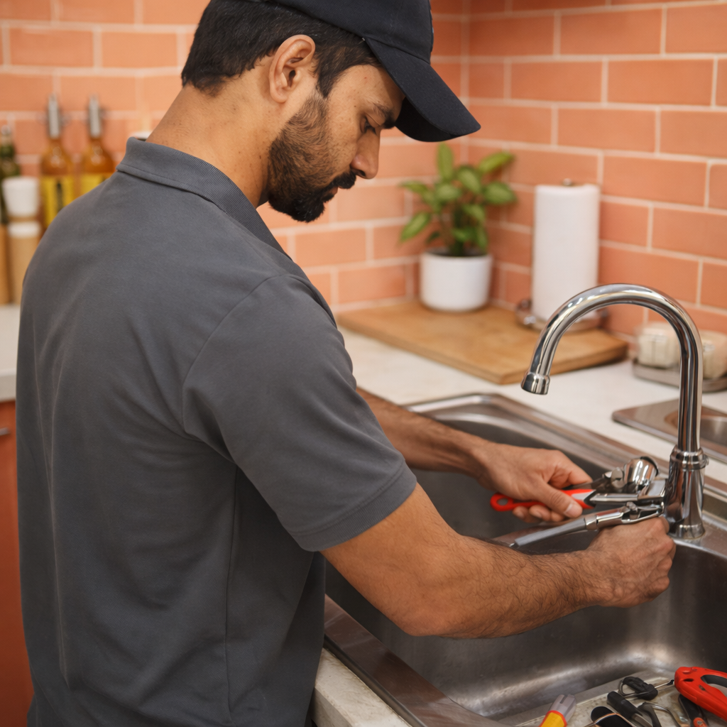 electrician plumber in Riyadh repairing a kitchen sink faucet with specialized plumbing tools, providing expert maintenance services by Umer Electrician and Plumber in Riyadh.